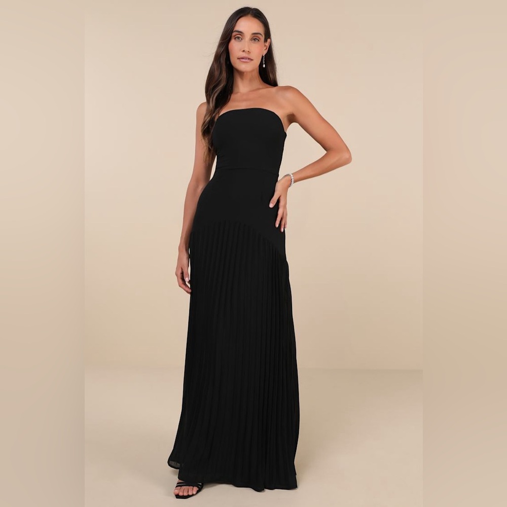 Lulus Celebratory Aesthetic Black Pleated Strapless Maxi Dress Size large NWT